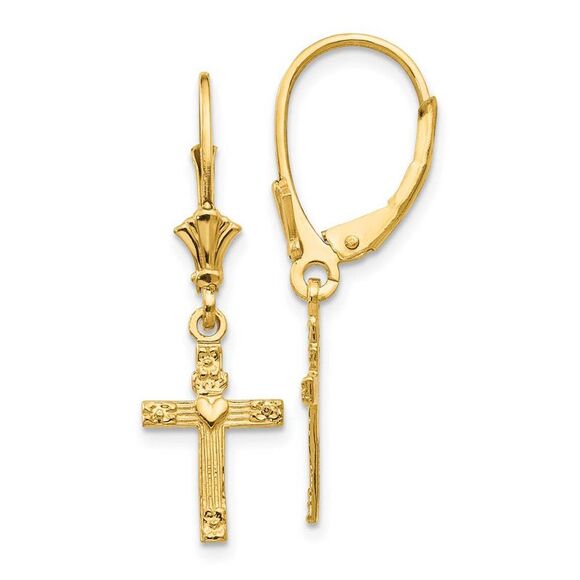 13mm Textured Cross with Heart Lever Back Earrings in 14k Yellow Gold - Picture 1 of 5